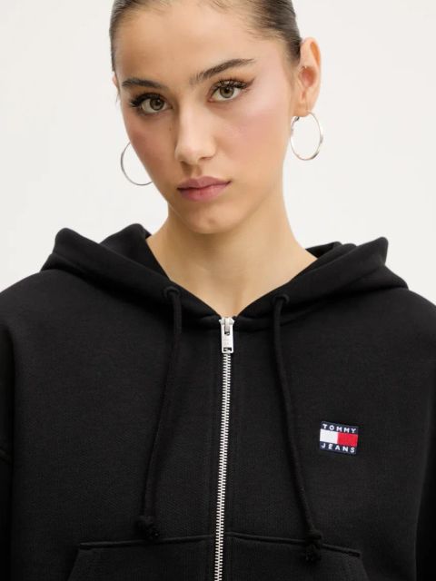 Tommy Jeans bluza bawełniana damska kolor czarny z kapturem z aplikacją DW0DW21355