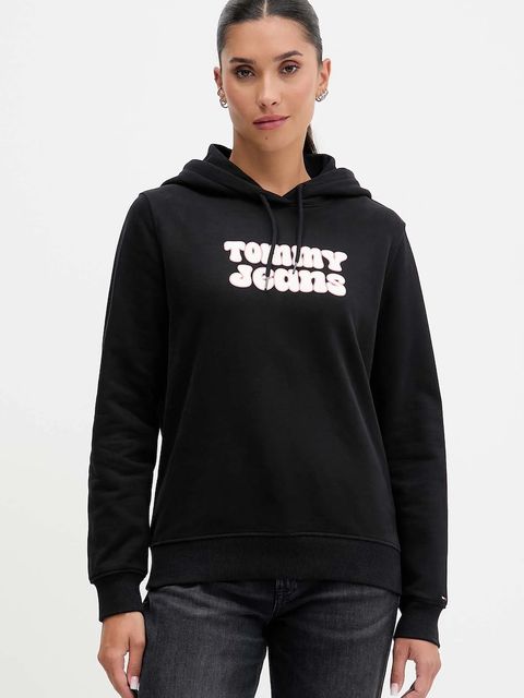 Tommy Jeans bluza bawełniana damska kolor czarny z kapturem z nadrukiem DW0DW21962 - zdjęcie produktu nr 1
