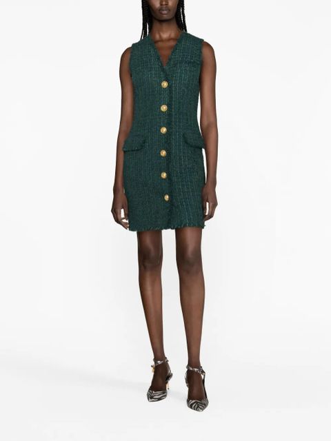 Balmain V-neck buttoned tweed minidress - Green