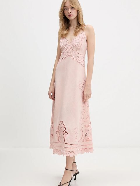 Farm Rio sukienka lniana kolor różowy midi rozkloszowana 351184 - zdjęcie produktu nr 2