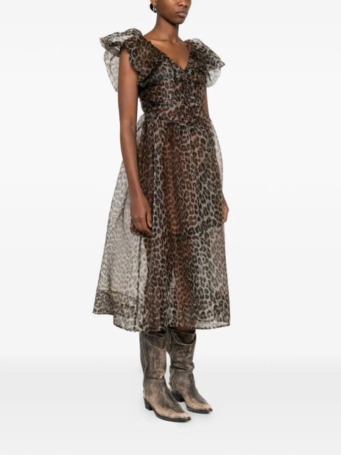 GANNI ruffled animal-print midi dress - Brown