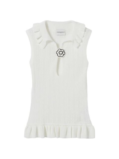 Claudie Pierlot ruffled pointelle-knit polo top - White - zdjęcie produktu nr 1