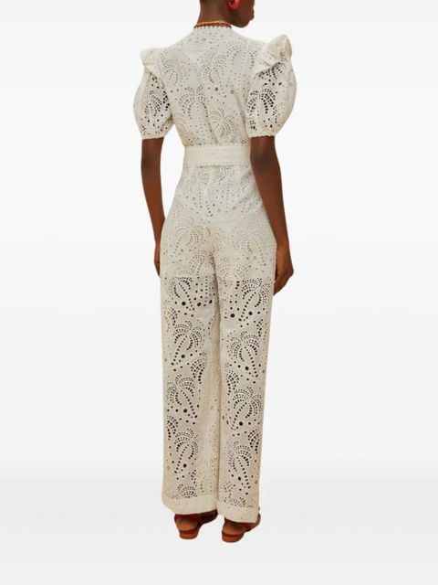 FARM Rio broderie-anglaise puff-sleeve jumpsuit - L0025 OFF WHITE