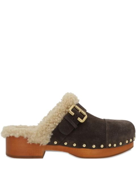 Chloé 35mm Jeannette shearling-trimmed buckle clogs - Brown - zdjęcie produktu nr 1