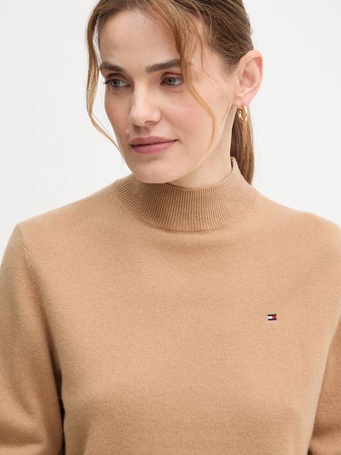 Tommy Hilfiger sweter wełniany damski kolor beżowy lekki z półgolfem WW0WW47468