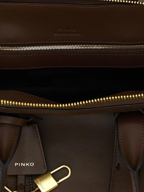 PINKO Escape love birds logo leather bowling maxi tote bag - Brown