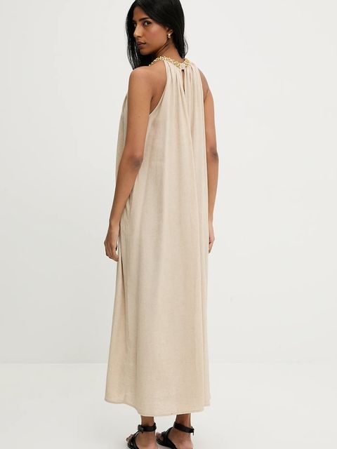 Answear.LAB sukienka z lnem kolor beżowy maxi rozkloszowana