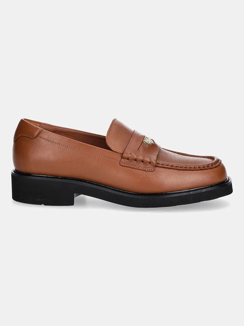 Tommy Hilfiger mokasyny skórzane CREST SQUARISH TOE PENNY LOAFER damskie kolor brązowy na płaskim obcasie FW0FW08633