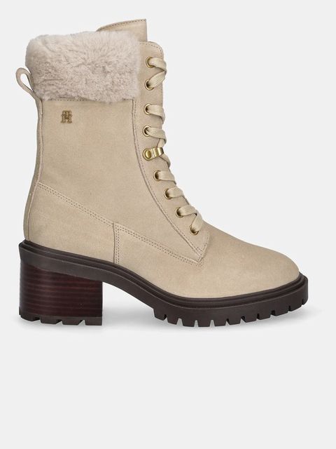 Tommy Hilfiger botki zamszowe TH SHEARLING LACE UP BOOT kolor beżowy na słupku lekko ocieplone FW0FW08999