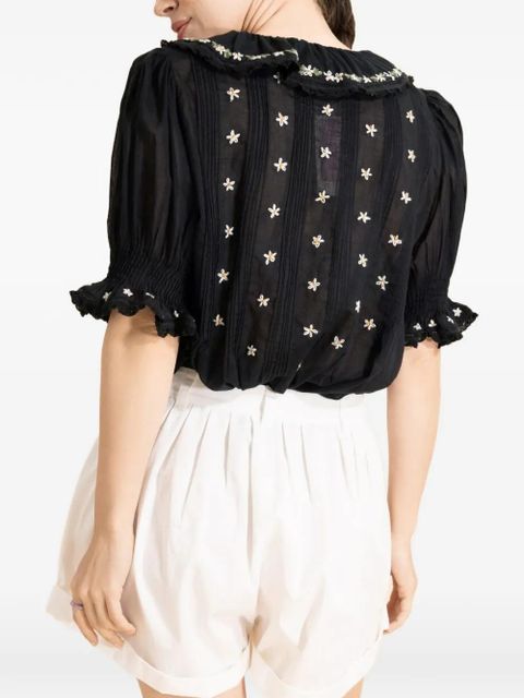 DÔEN Hettie floral-embroidered ruffled blouse - Black