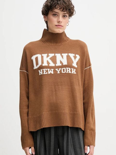 Dkny sweter damski kolor brązowy z półgolfem DJ4R0386