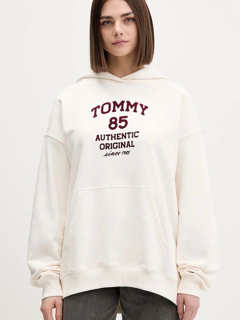 Tommy Jeans bluza bawełniana damska kolor beżowy z kapturem z nadrukiem DW0DW22603 - zdjęcie produktu nr 1