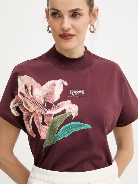 Guess t-shirt bawełniany LILY damski kolor bordowy W5BI16 I3Z14