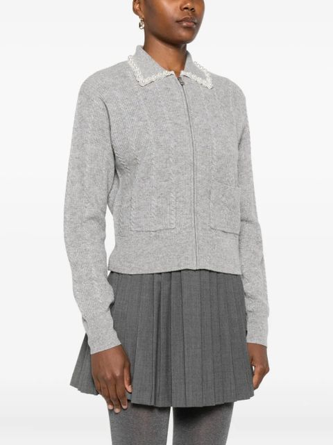 SANDRO pearl-embellished cable-knit cardigan - Grey