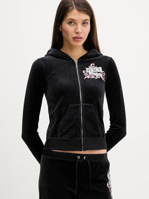 Juicy Couture bluza welurowa Wrap You Up damska kolor czarny z kapturem z nadrukiem JCNAS126451 - zdjęcie produktu nr 1