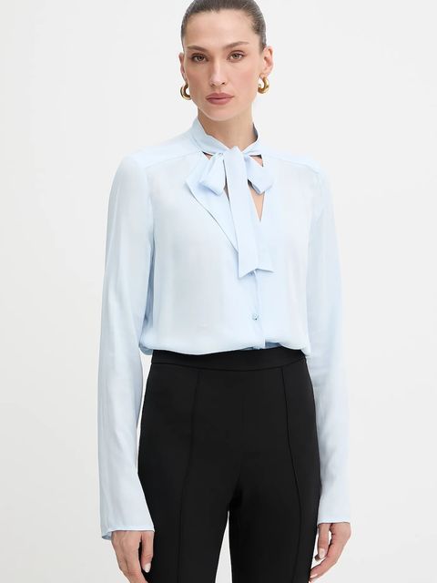 Patrizia Pepe koszula damska kolor niebieski regular z wiązanym dekoltem 8C0785 A8I1