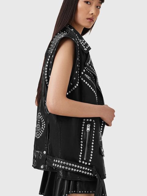 AllSaints bezrękawnik skórzany BILLIE kolor czarny przejściowa oversize W051LC