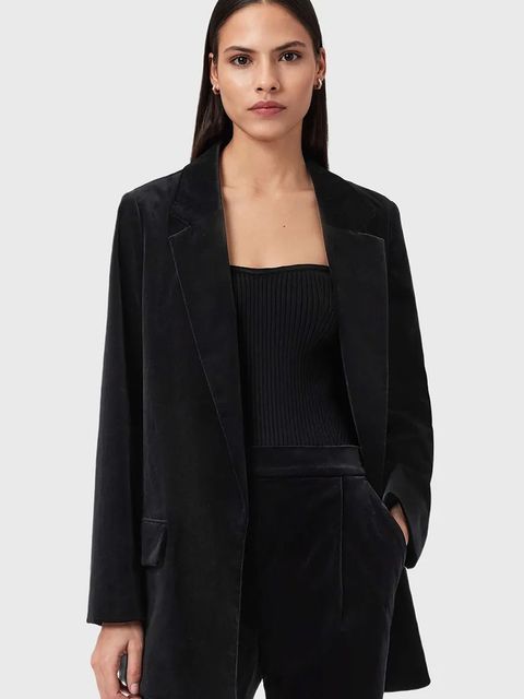 AllSaints marynarka welurowa kolor czarny jednorzędowa gładka W064QD - zdjęcie produktu nr 1