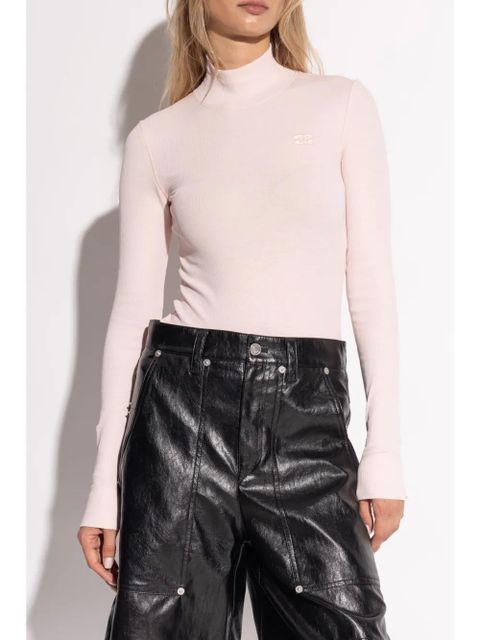 GANNI embroidered-logo long-sleeved T-shirt - Pink