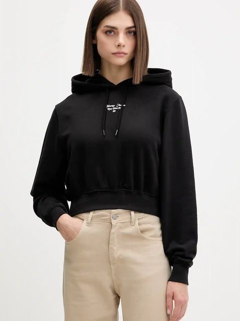 Tommy Jeans bluza bawełniana damska kolor czarny z kapturem z nadrukiem DW0DW22170