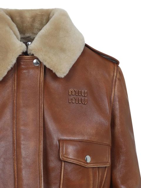 Miu Miu shearling-collar leather jacket - Brown