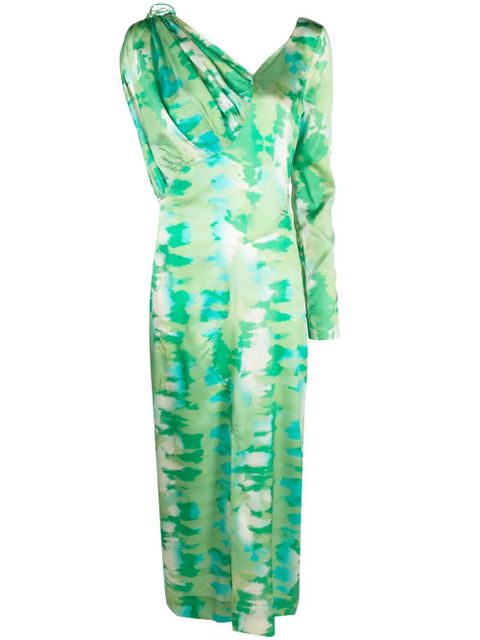 GANNI printed off-shoulder silk dress - Green - zdjęcie produktu nr 1
