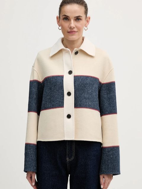 Tommy Hilfiger kurtka z dodatkiem wełny kolor beżowy przejściowa oversize WW0WW47743 - zdjęcie produktu nr 1