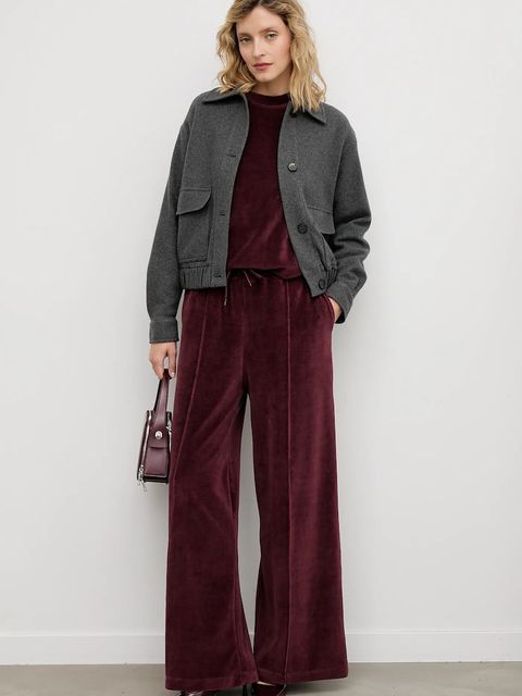 Answear.LAB spodnie dresowe welurowe damskie kolor bordowy gładkie