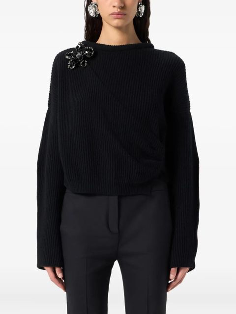 Blumarine floral-appliqué ribbed-knit sweater - Black
