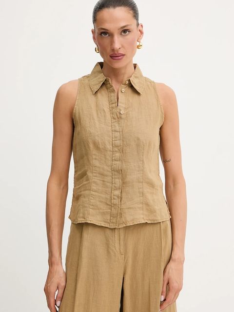 MAX&Co. koszula lniana damska kolor zielony regular z kołnierzykiem klasycznym 2516161025200