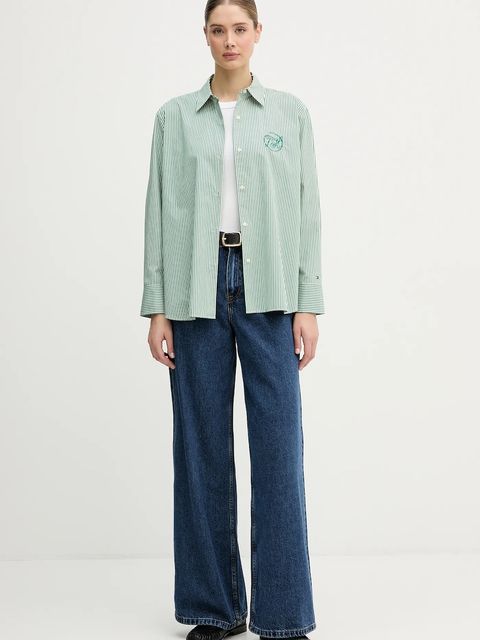 Tommy Hilfiger koszula bawełniana damska kolor zielony relaxed z kołnierzykiem klasycznym WW0WW48190