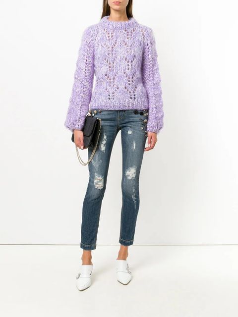Dolce & Gabbana button embellished and brocade appliqué distressed jeans - Blue