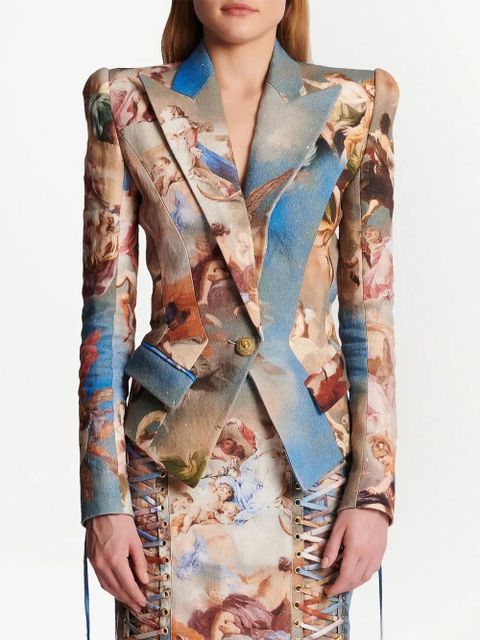 Balmain abstract-print double-breasted blazer - Blue