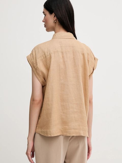 United Colors of Benetton koszula lniana kolor beżowy regular z kołnierzykiem klasycznym