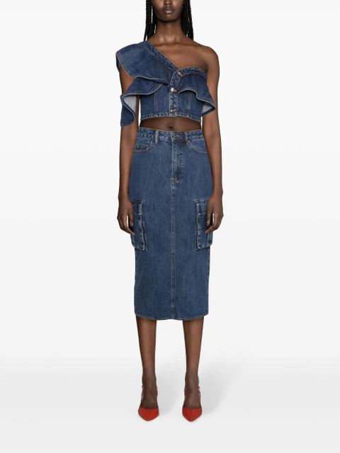 Self-Portrait cargo denim midi skirt - Blue