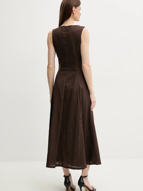 Bardot sukienka lniana CORDELIA kolor brązowy midi rozkloszowana 59808DB