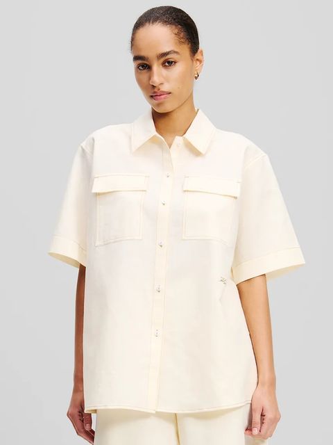 Karl Lagerfeld koszula lniana damska kolor beżowy relaxed z kołnierzykiem klasycznym A2W11012 - zdjęcie produktu nr 1