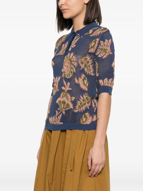 ETRO floral-intarsia mesh-knit polo top - Blue
