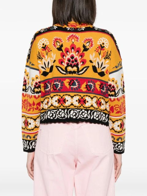 FARM Rio floral-intarsia scalloped-trim cardigan - Yellow