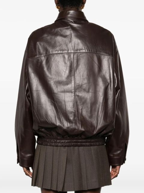 Miu Miu logo-detail leather jacket - Brown