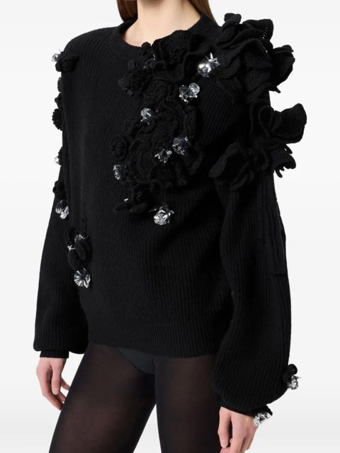 Blumarine flower-embellished ribbed sweater - Black