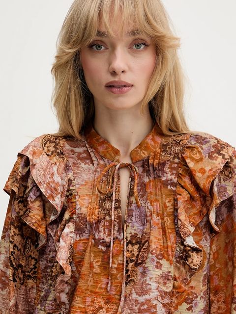 Desigual koszula ROMANTICA damska kolor pomarańczowy regular z wiązanym dekoltem 25WWBW08