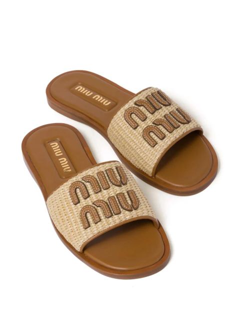 Miu Miu logo-patch raffia slides - Neutrals