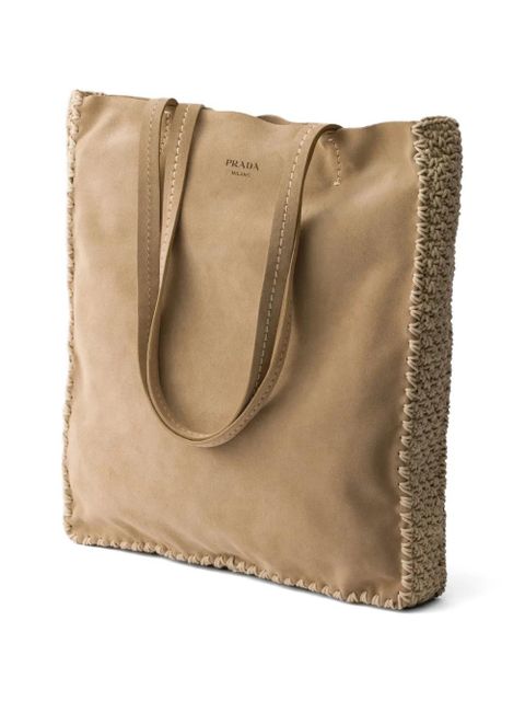 Prada large suede and crochet tote bag - Neutrals