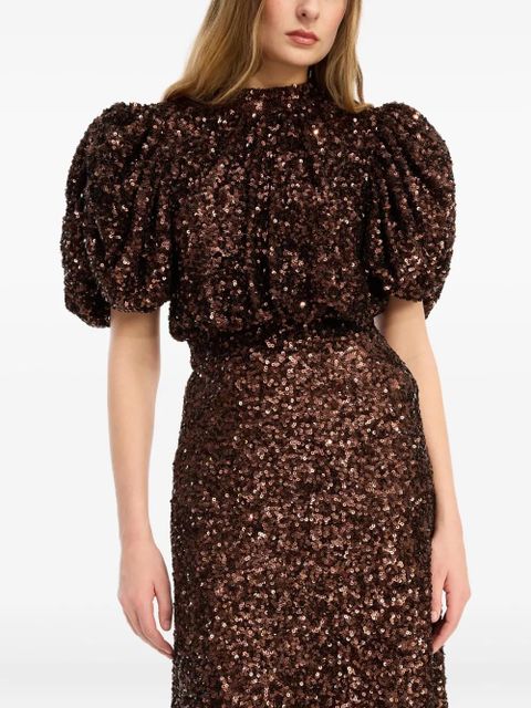 ROTATE BIRGER CHRISTENSEN sequin-embellishment puff-sleeve midi dress - Brown