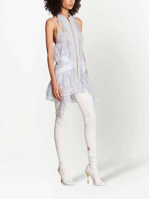 Balmain lace-panelled ruffle mini dress - Grey