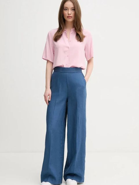 United Colors of Benetton spodnie lniane damskie kolor granatowy proste high waist 4AGHDF08K - zdjęcie produktu nr 2