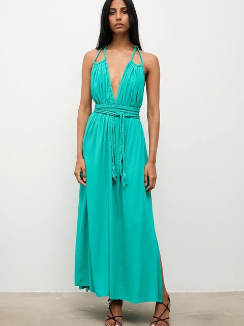 Answear.LAB sukienka kolor zielony maxi rozkloszowana