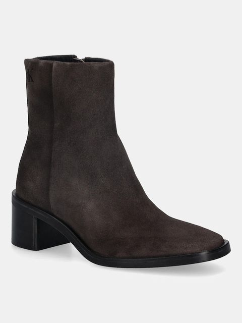 Calvin Klein botki zamszowe BLOCK HEEL ZIP BOOT SUE damskie kolor brązowy na słupku HW0HW02592 - zdjęcie produktu nr 1