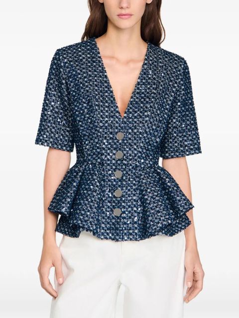 SANDRO sequin-embellished short-sleeve blazer - Blue